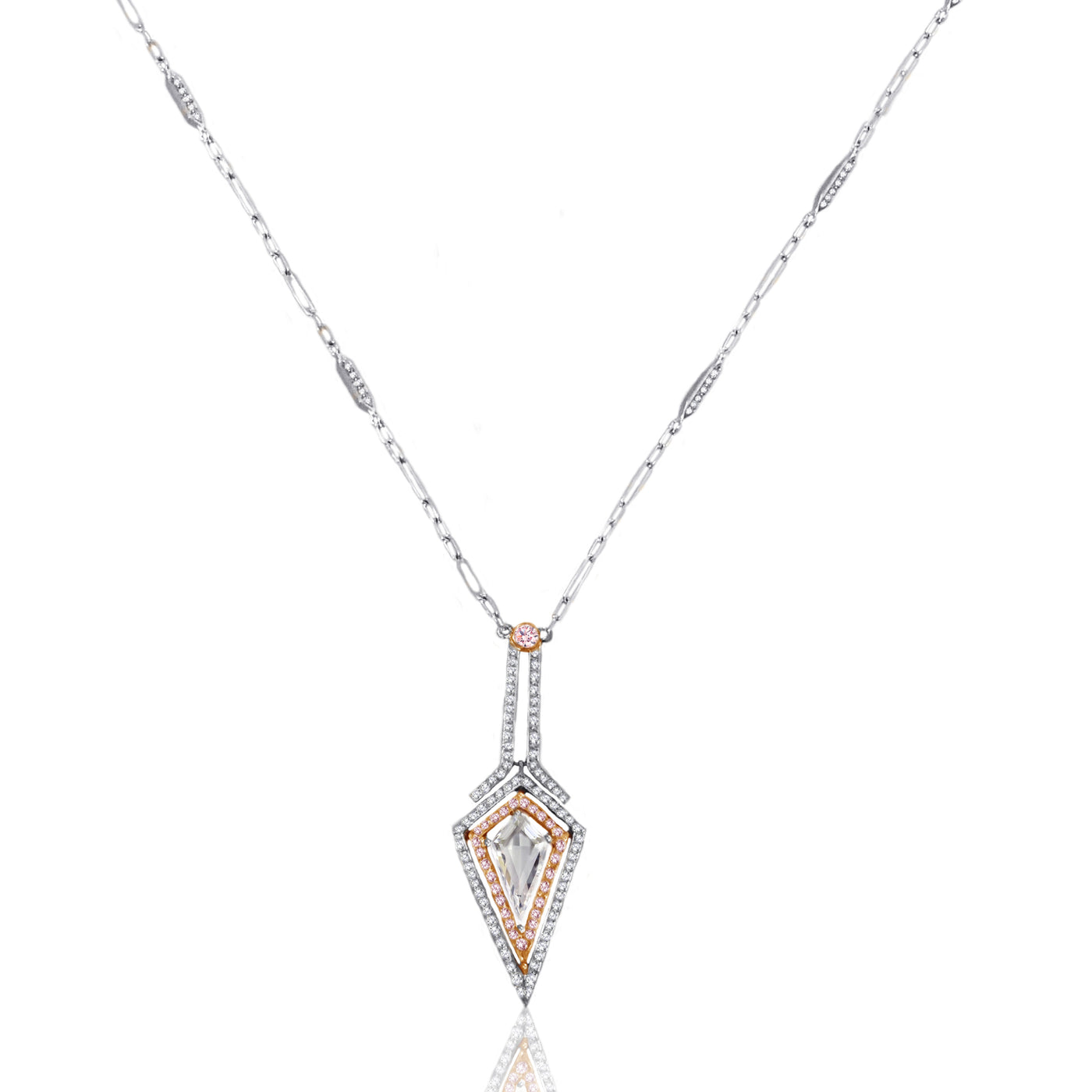 Platinum &18K Rose Gold Noble Cut Natural Pink & Colorless Diamond  Pendant Necklace