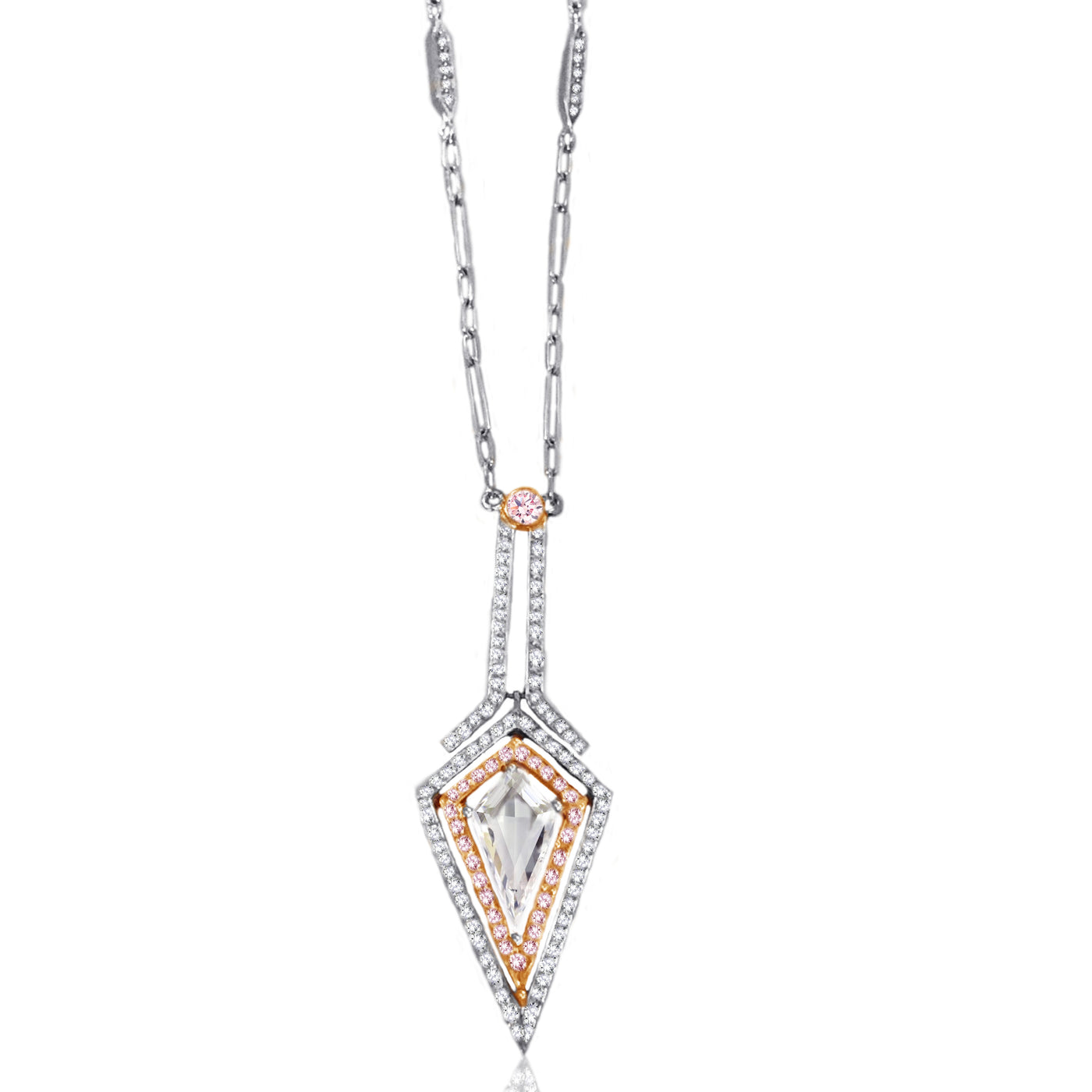 Platinum &18K Rose Gold Noble Cut Natural Pink & Colorless Diamond  Pendant Necklace