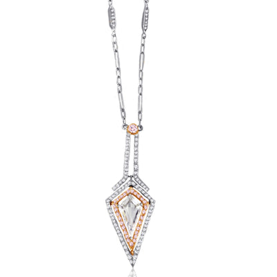 Platinum &18K Rose Gold Noble Cut Natural Pink & Colorless Diamond  Pendant Necklace