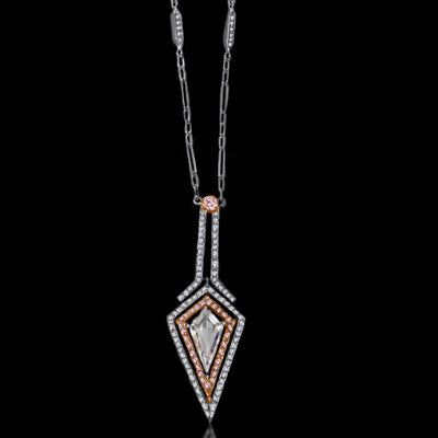 Platinum &18K Rose Gold Noble Cut Natural Pink & Colorless Diamond  Pendant Necklace