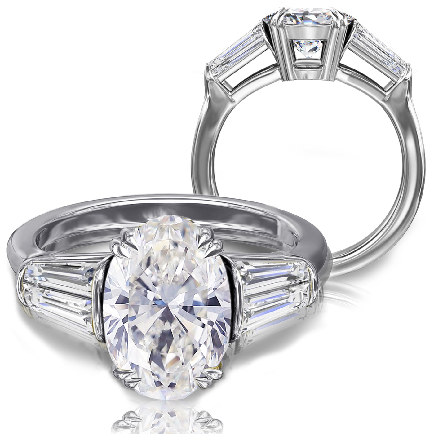 Oval & Tapered Baguette Diamond Platinum, 18K Rose, White or Yellow Gold Three Stone Engagement Ring