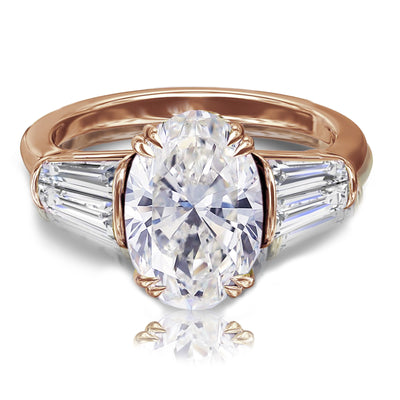 Oval & Tapered Baguette Diamond Platinum, 18K Rose, White or Yellow Gold Three Stone Engagement Ring