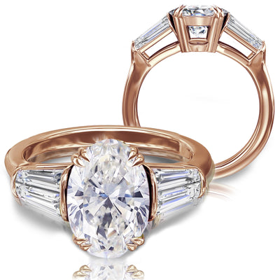 Oval & Tapered Baguette Diamond Platinum, 18K Rose, White or Yellow Gold Three Stone Engagement Ring