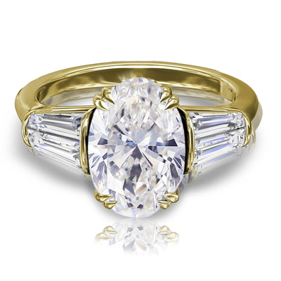 Oval & Tapered Baguette Diamond Platinum, 18K Rose, White or Yellow Gold Three Stone Engagement Ring