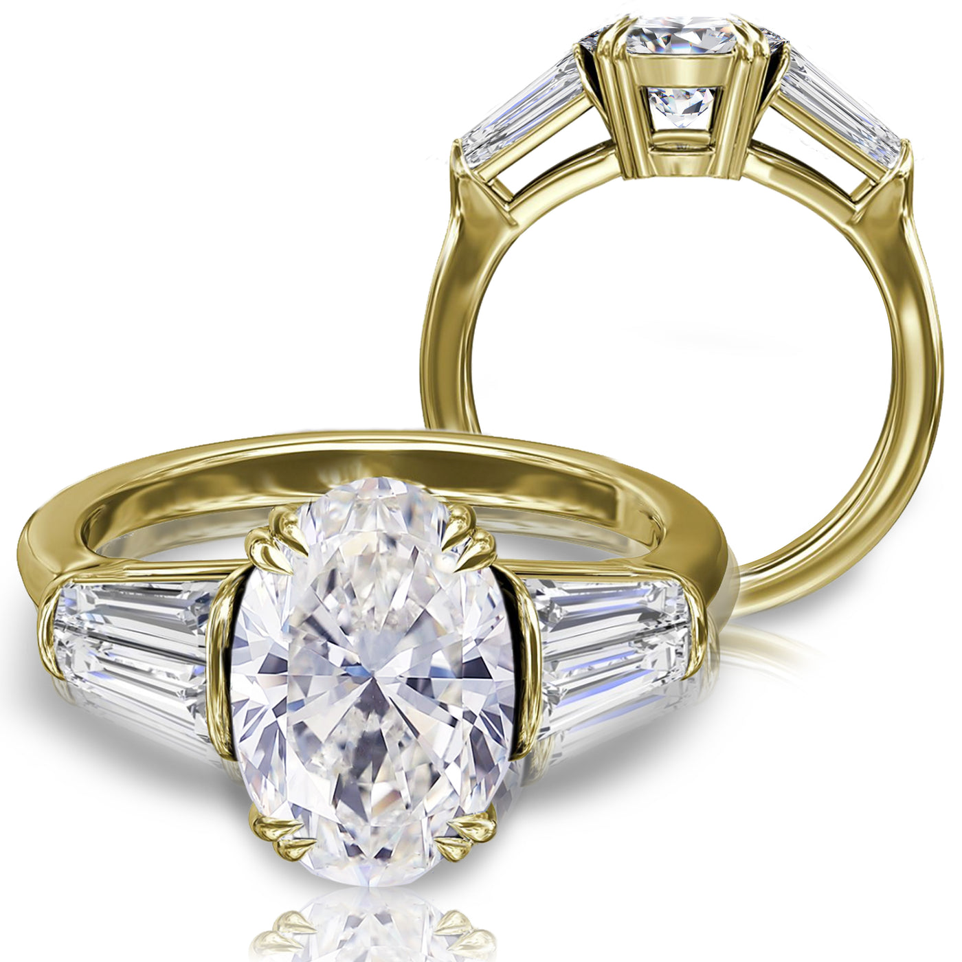 Oval & Tapered Baguette Diamond Platinum, 18K Rose, White or Yellow Gold Three Stone Engagement Ring