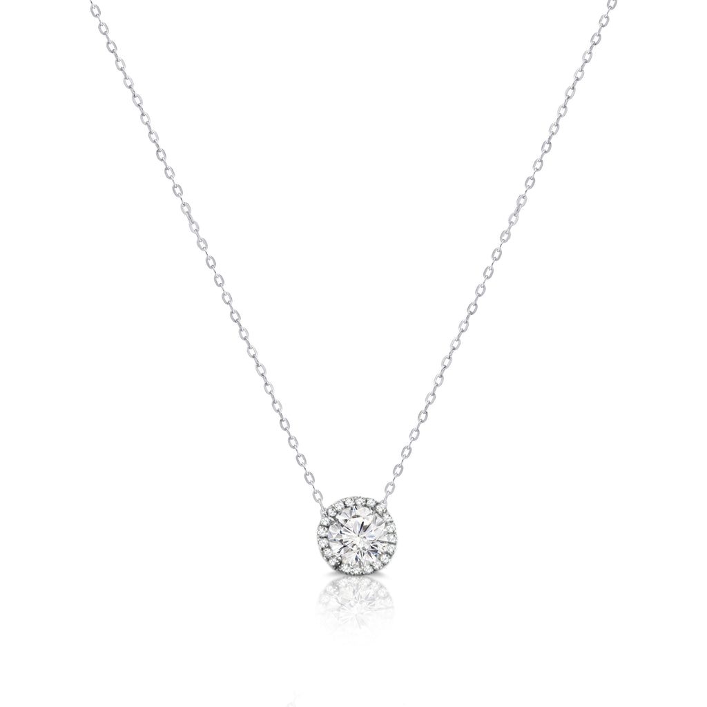 18k White Gold Round Brilliant Natural Diamond Halo Pendant Bridal Necklace