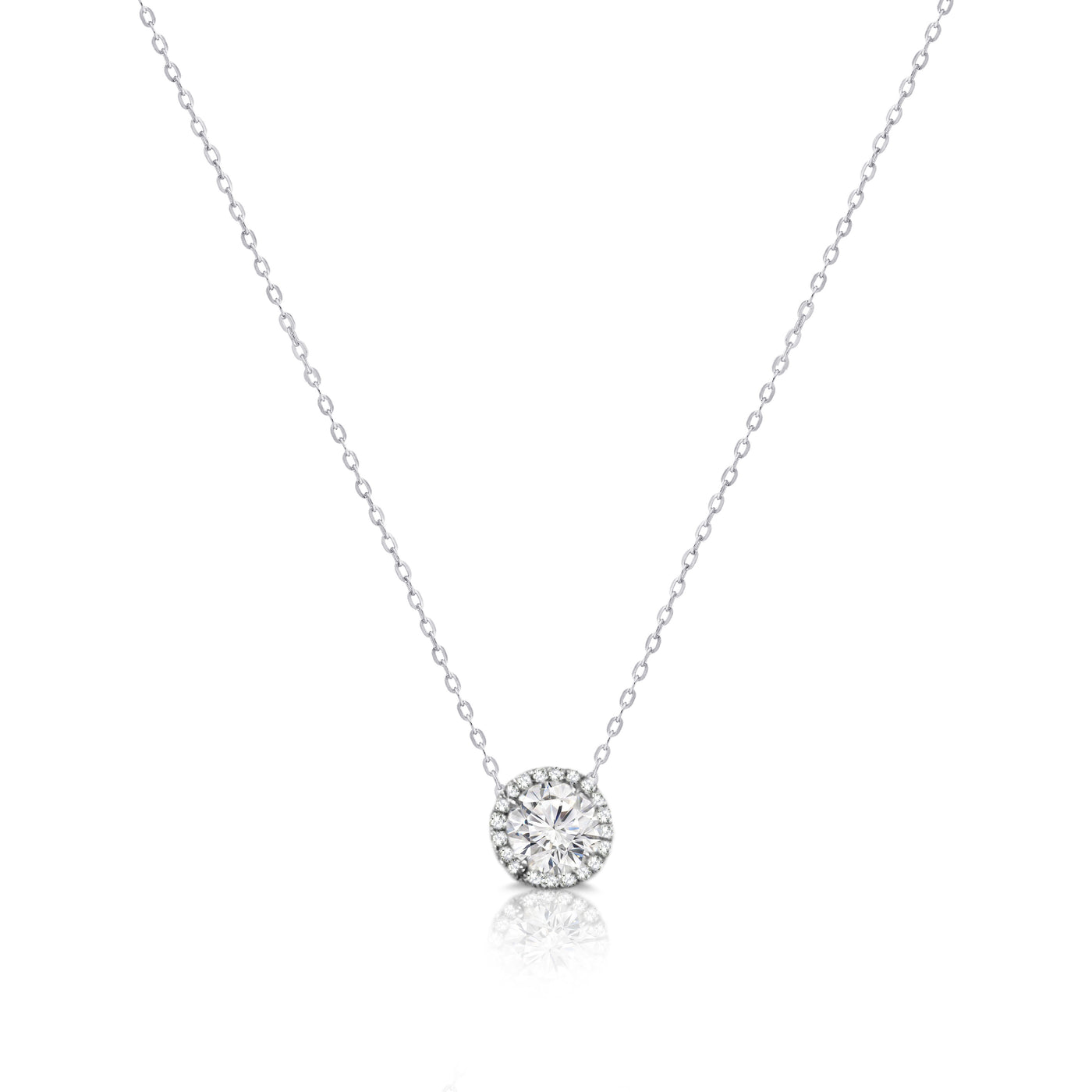 18k White Gold Round Brilliant Natural Diamond Halo Pendant Bridal Necklace