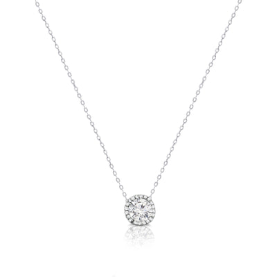 18k White Gold Round Brilliant Natural Diamond Halo Pendant Bridal Necklace