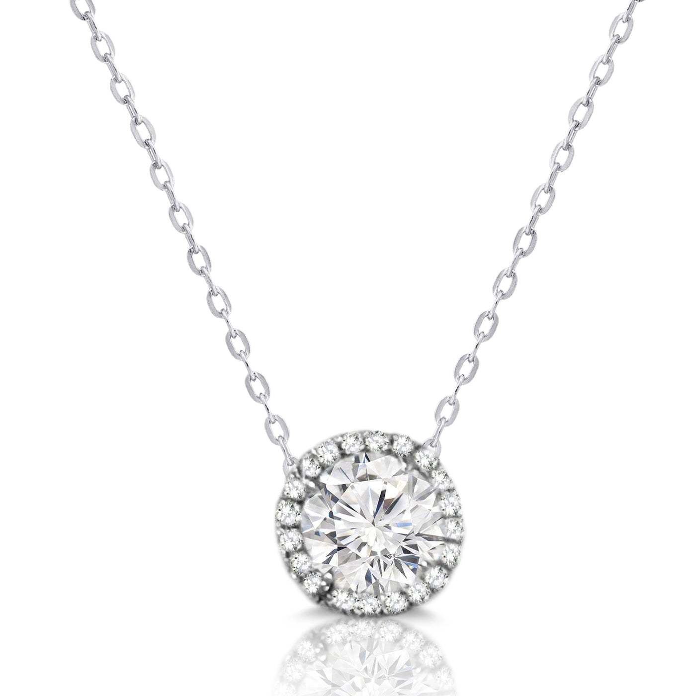 18k White Gold Round Brilliant Natural Diamond Halo Pendant Bridal Necklace