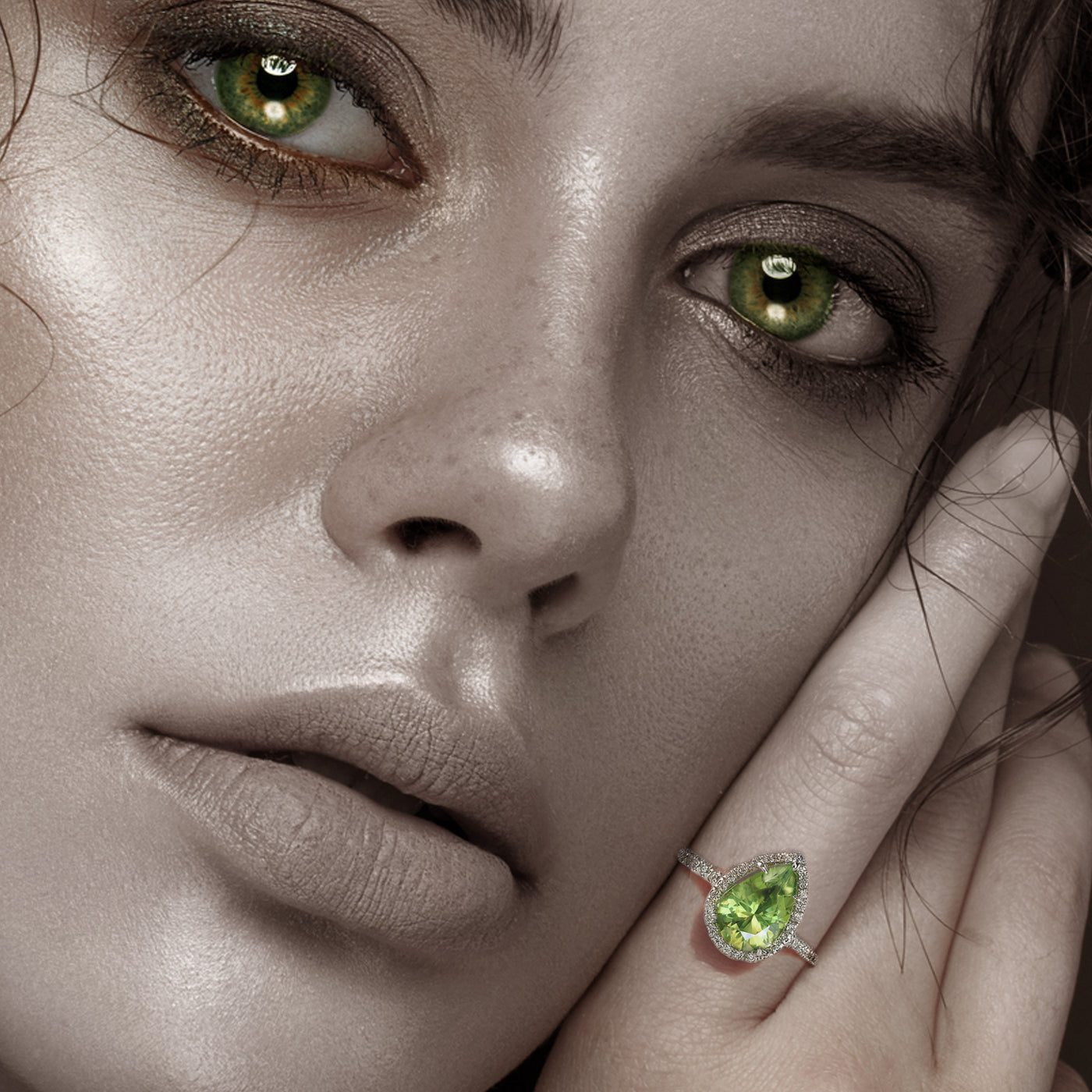 Platinum Green Peridot Diamonds Halo Ring