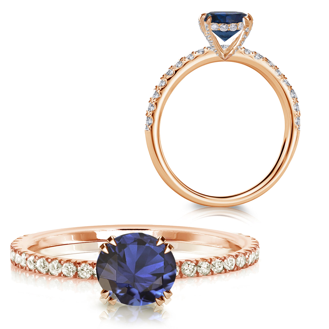 Platinum or 18K White, Rose or Yellow Gold Round Brilliant Natural Blue Sapphire Solitaire with Accents Engagement RingRing