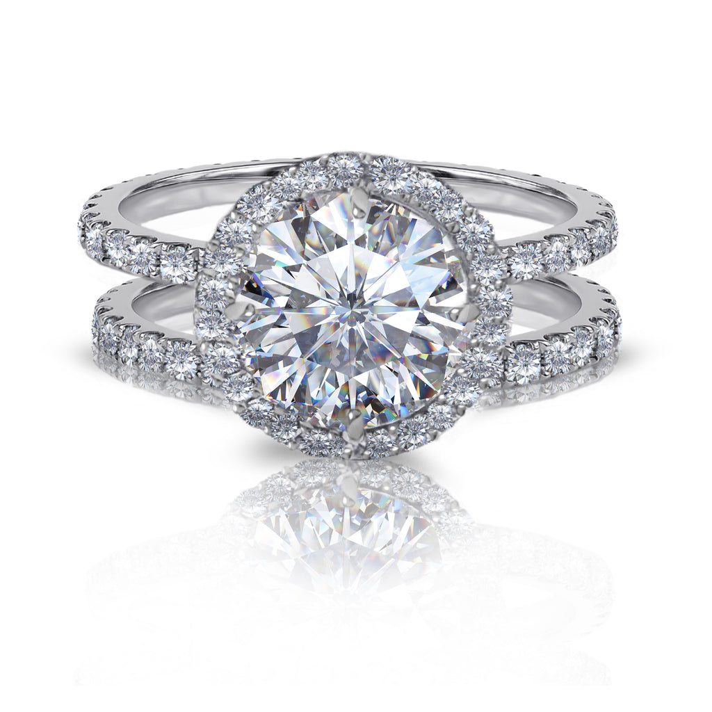 White, Rose, Yellow Gold or Platinum Natural Round Brilliant Diamond Halo Double Band Engagement Bridal Ring