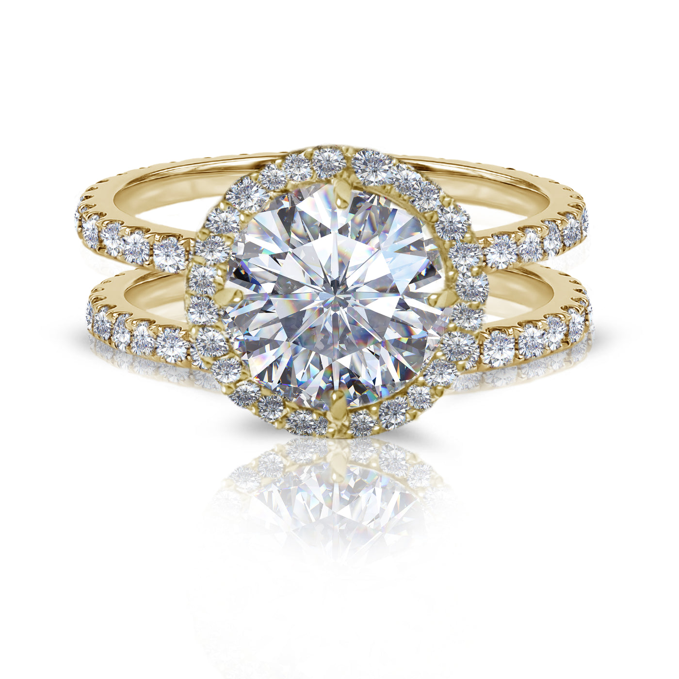 White, Rose, Yellow Gold or Platinum Natural Round Brilliant Diamond Halo Double Band Engagement Bridal Ring