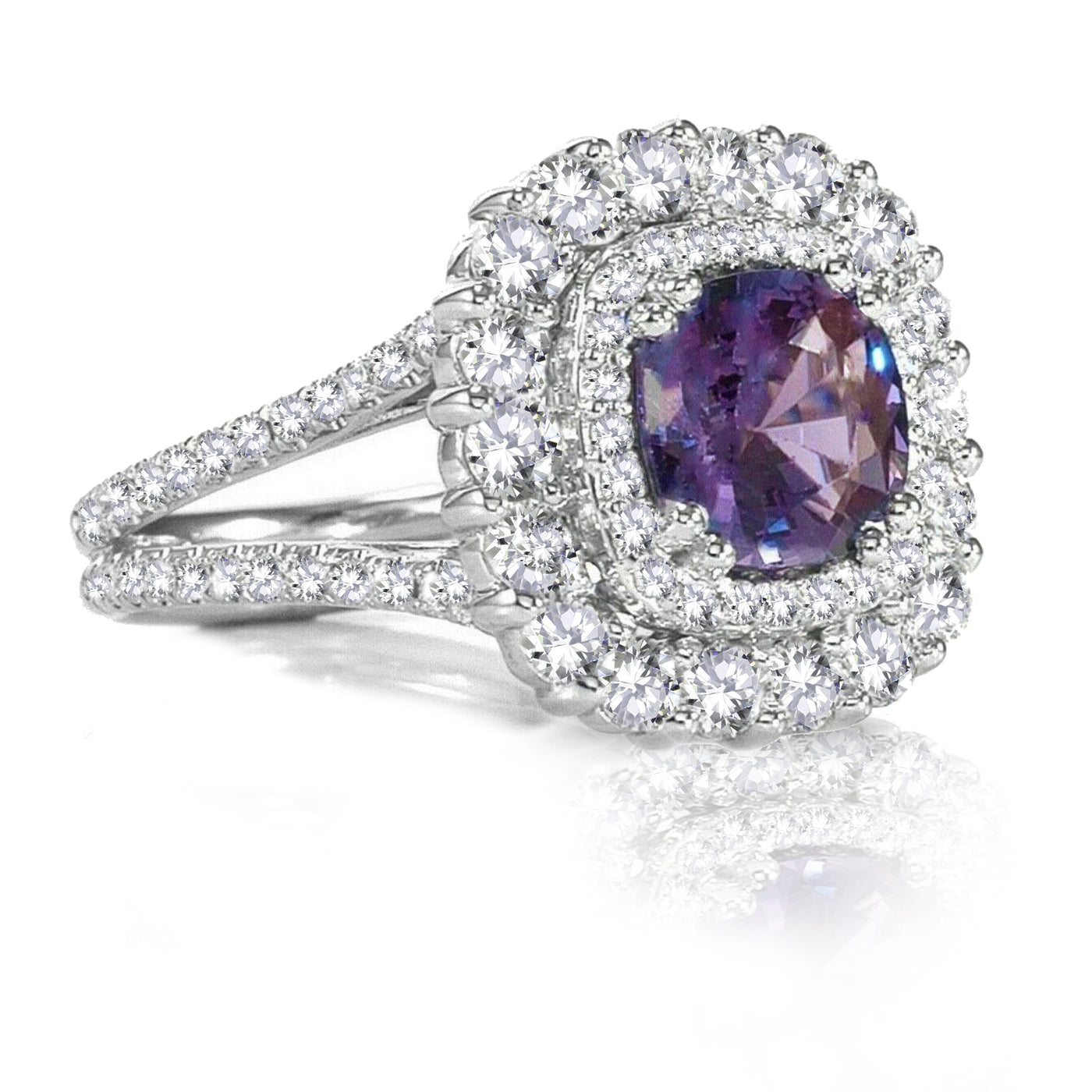 Platinum,Violet Blue Spinel Diamonds Scalloped Double Halo Engagement Ring