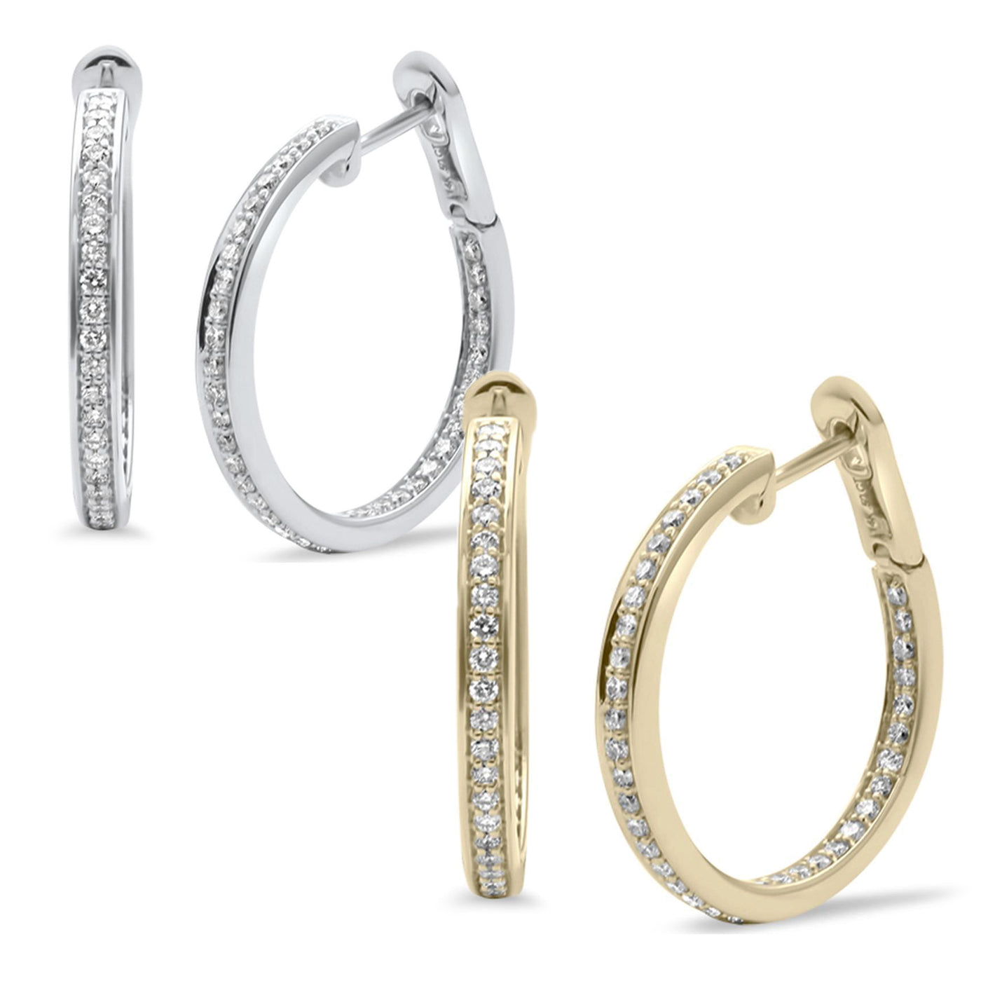 14K White, or Yellow Gold Inside out Diamond Channel Set Hoop Earrings - .50 ct