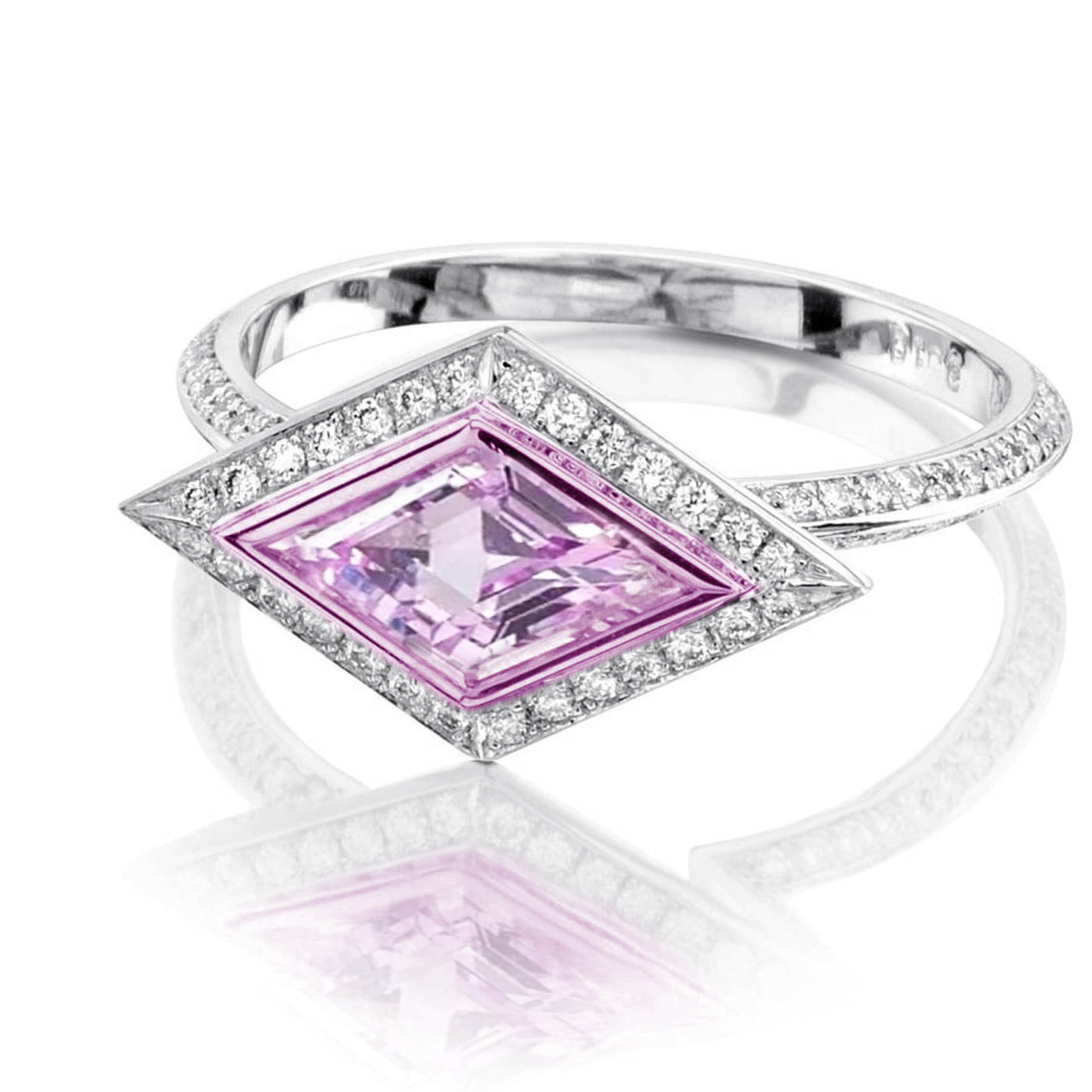 18k White Gold Pink Sapphire Virtue Cut Natural Diamonds Ring