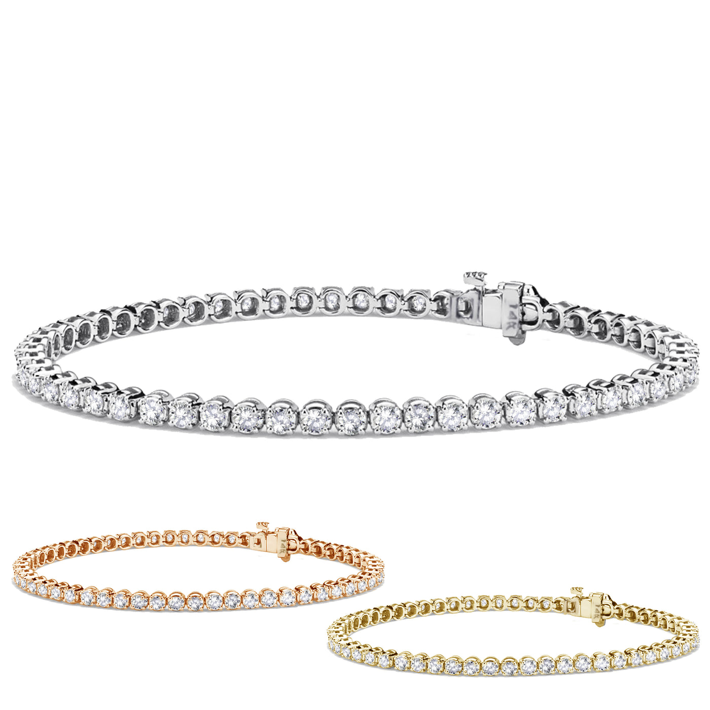 14k  White, Rose or Yellow Gold Brilliant Round Diamonds Tennis Bracelet - 2cts-10cts