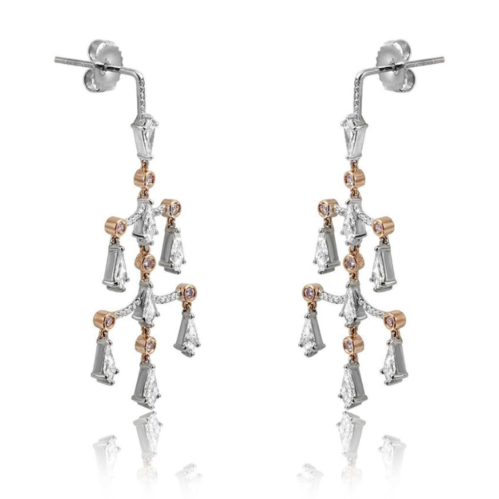 18K White & Rose Gold  Noble Cut Pink & Colorless Natural Diamond Dangle Earrings