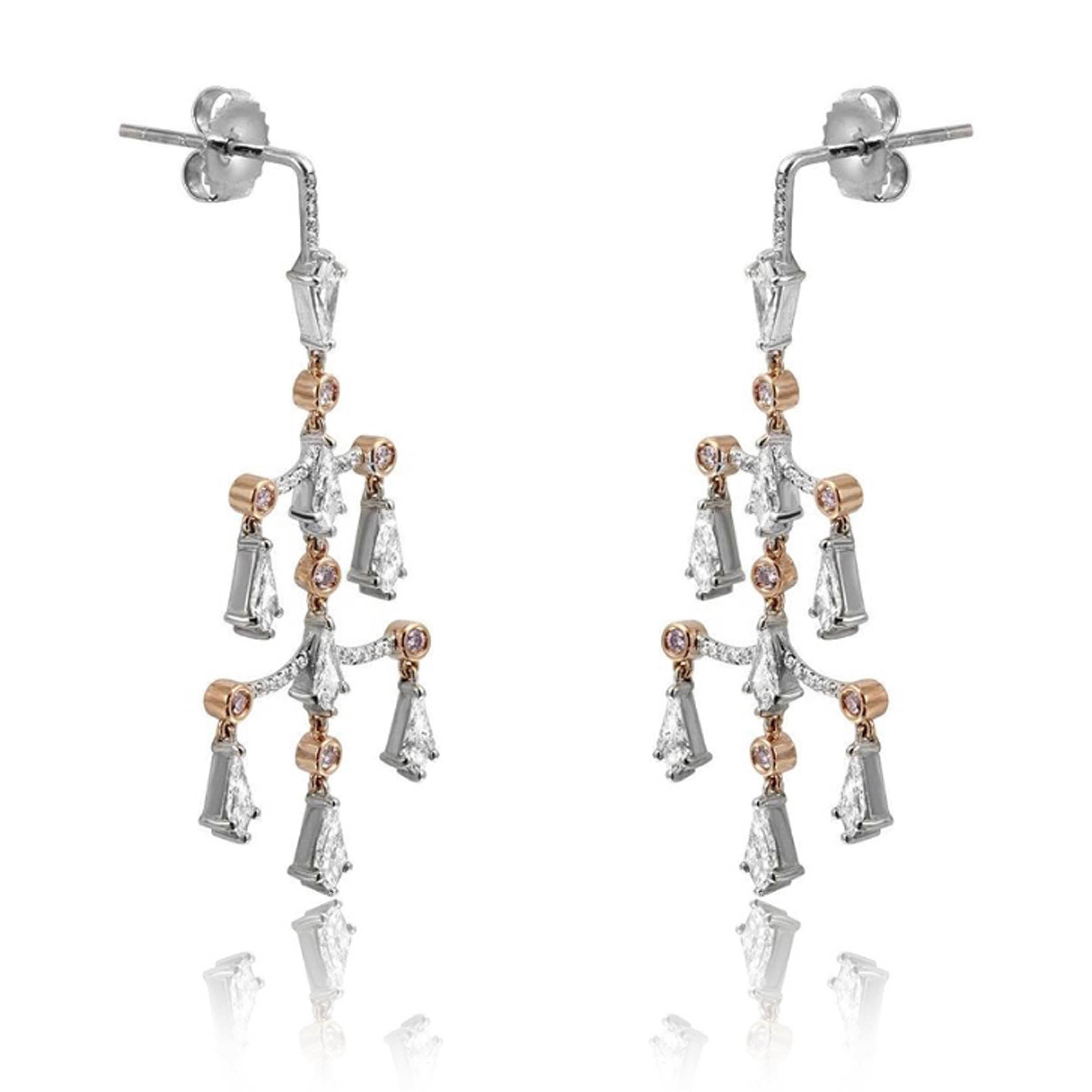 18K White & Rose Gold  Noble Cut Pink & Colorless Natural Diamond Dangle Earrings