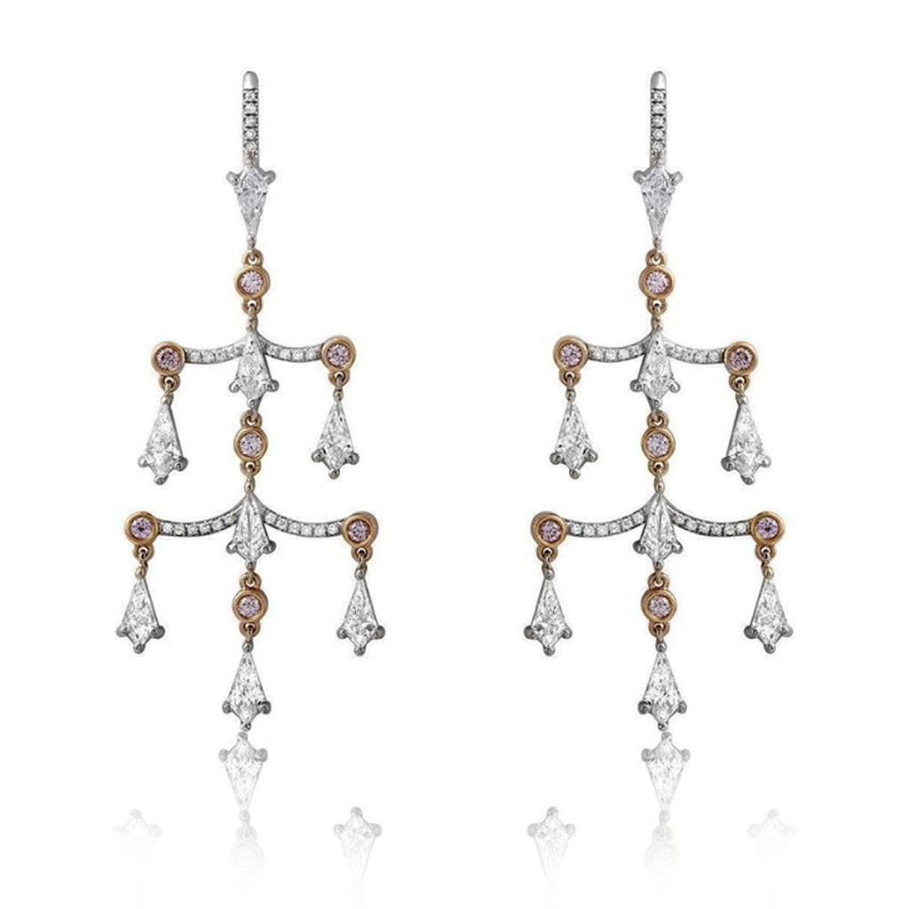18K White & Rose Gold  Noble Cut Pink & Colorless Natural Diamond Dangle Earrings