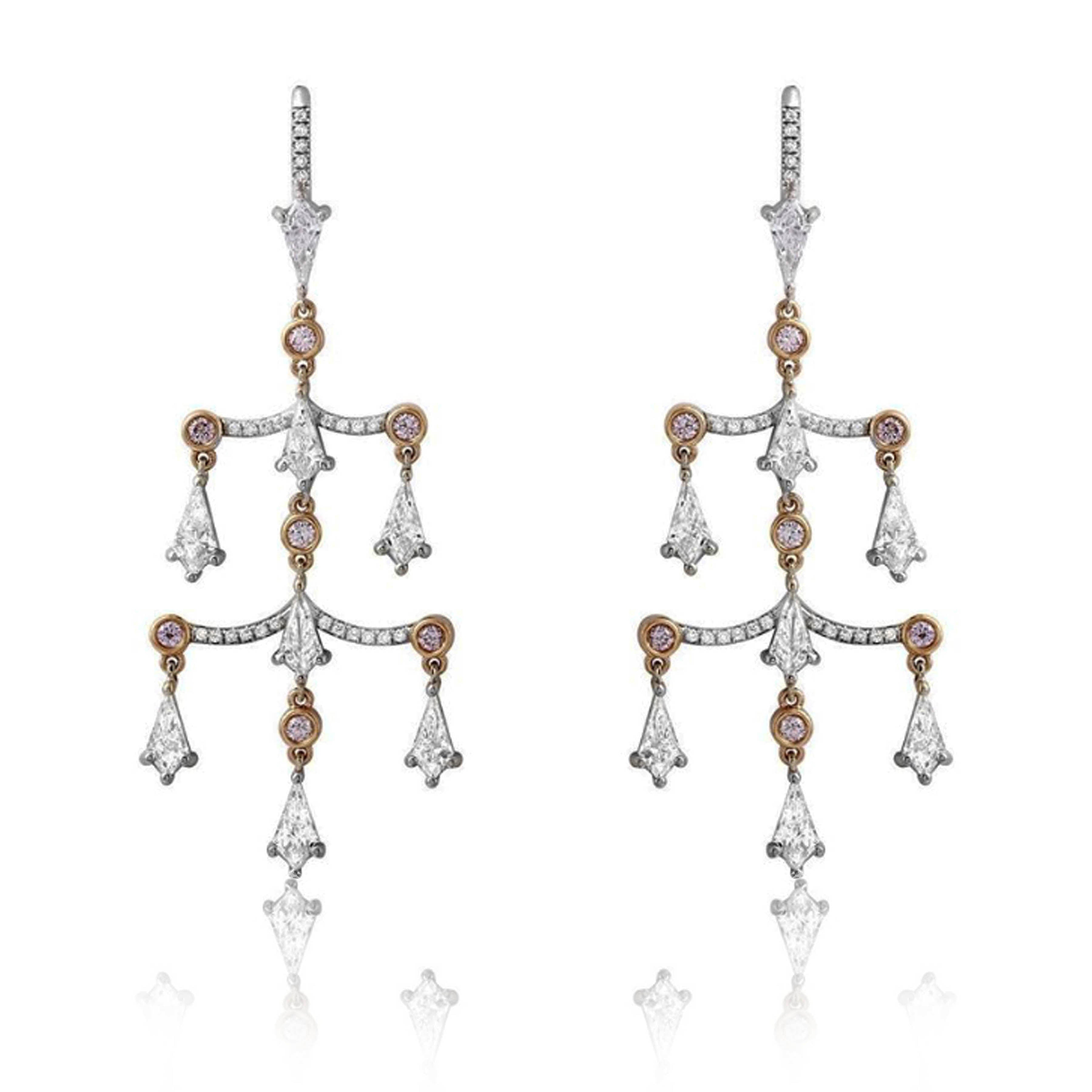 18K White & Rose Gold  Noble Cut Pink & Colorless Natural Diamond Dangle Earrings