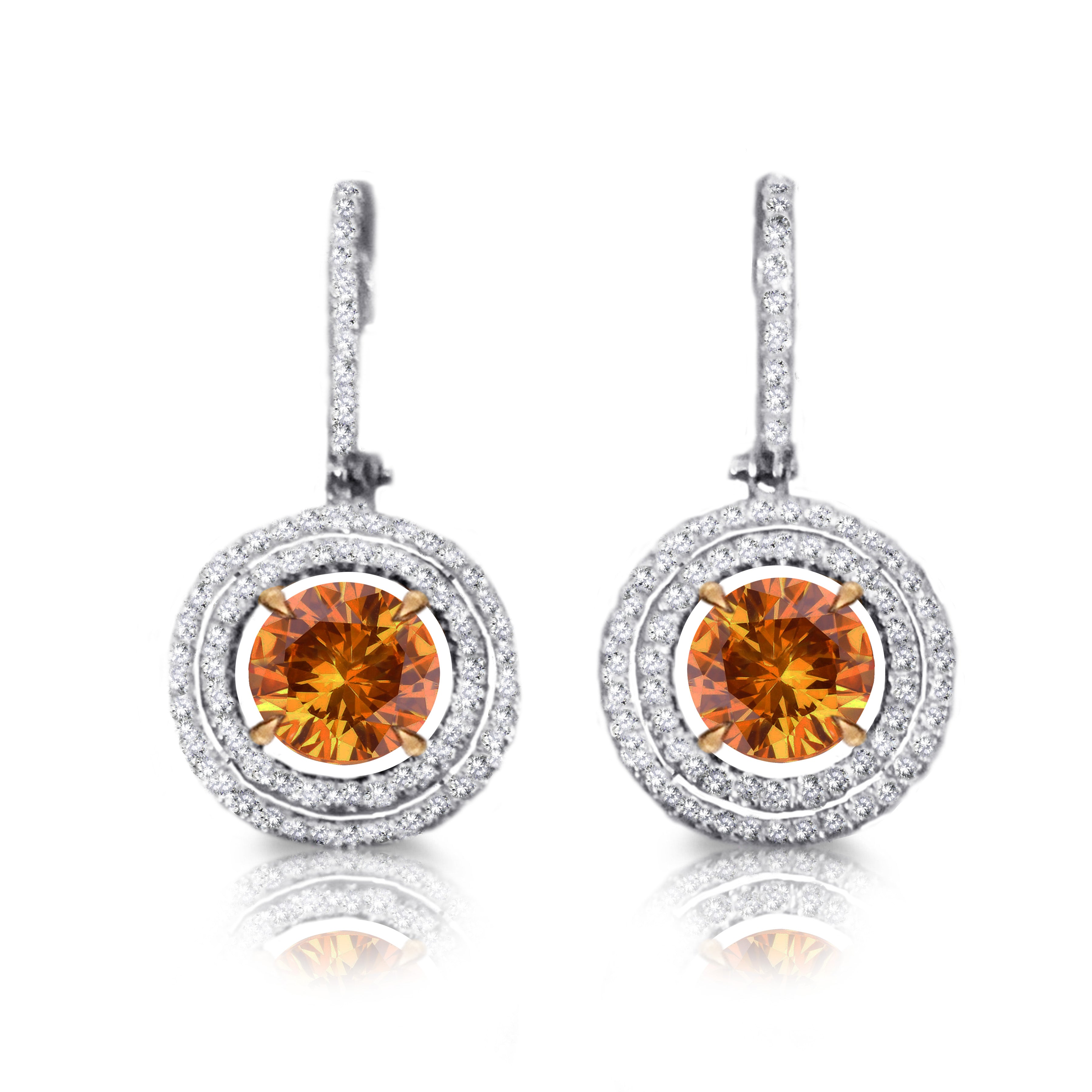 18k White & Rose Gold Diamonds Cognac Ziron Double Halo Dangling Eearrings