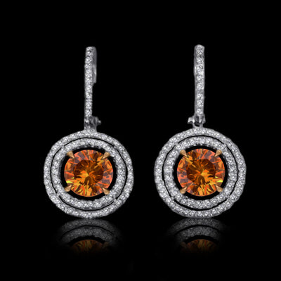 18k White & Rose Gold Diamonds Cognac Ziron Double Halo Dangling Eearrings