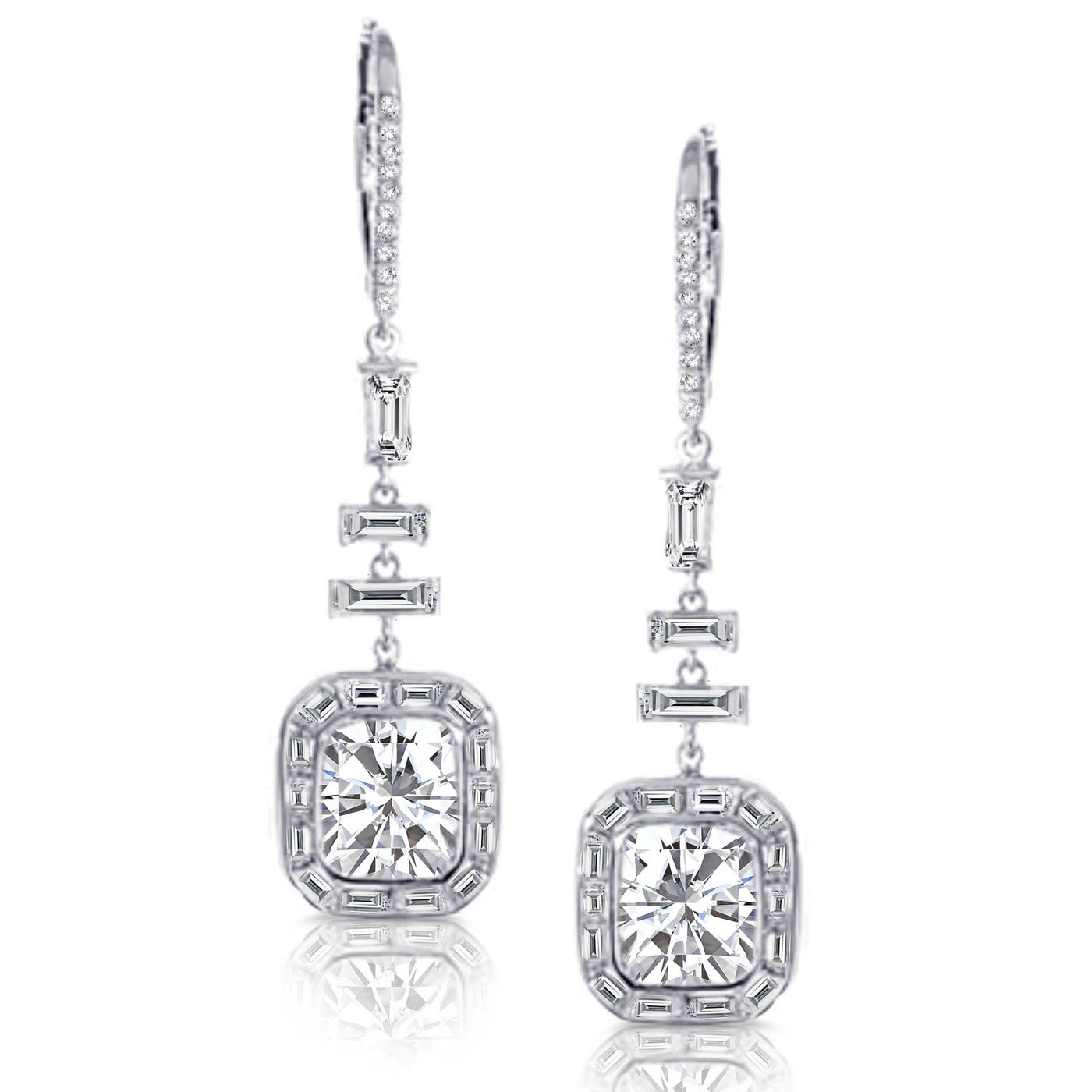 18K White Gold  Natural Cushion & Baguette Diamond Bridal Dangle Earrings