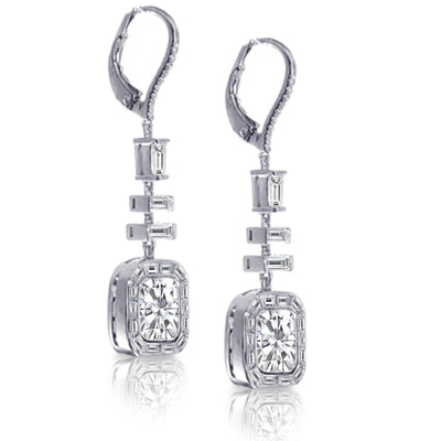 18K White Gold  Natural Cushion & Baguette Diamond Bridal Dangle Earrings