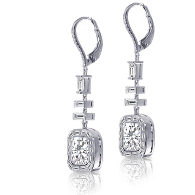 18K White Gold  Natural Cushion & Baguette Diamond Bridal Dangle Earrings