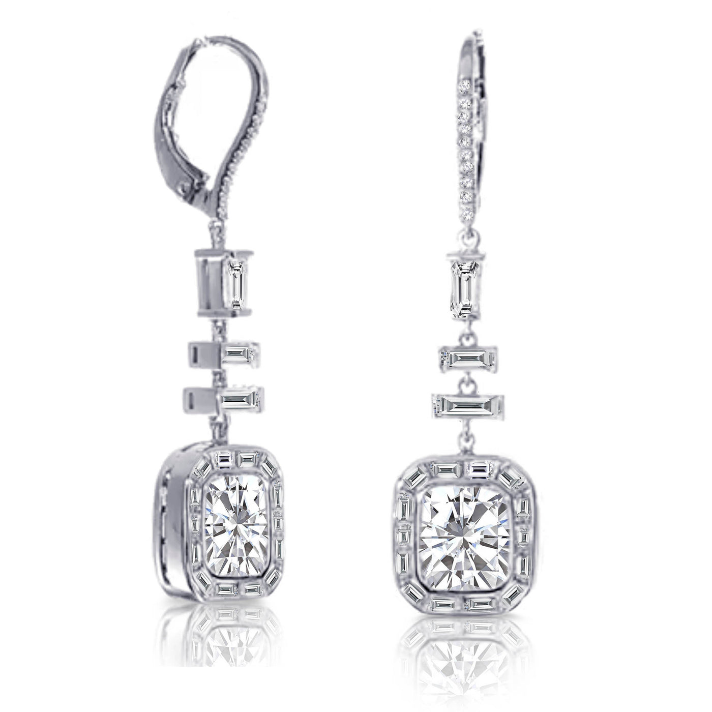 18K White Gold  Natural Cushion & Baguette Diamond Bridal Dangle Earrings