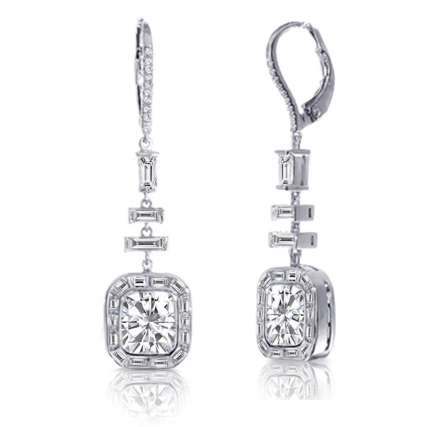 18K White Gold  Natural Cushion & Baguette Diamond Bridal Dangle Earrings