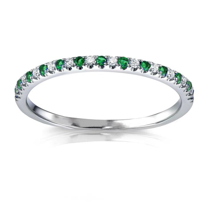 18K White Gold  Brilliant Round Natural Diamond &  Green Tsavorite Garnets Eternity wedding Band Ring