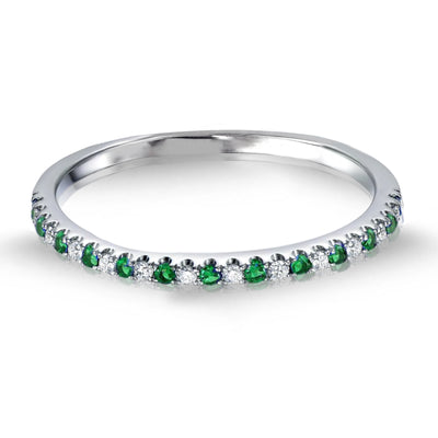 18K White Gold  Brilliant Round Natural Diamond &  Green Tsavorite Garnets Eternity wedding Band Ring