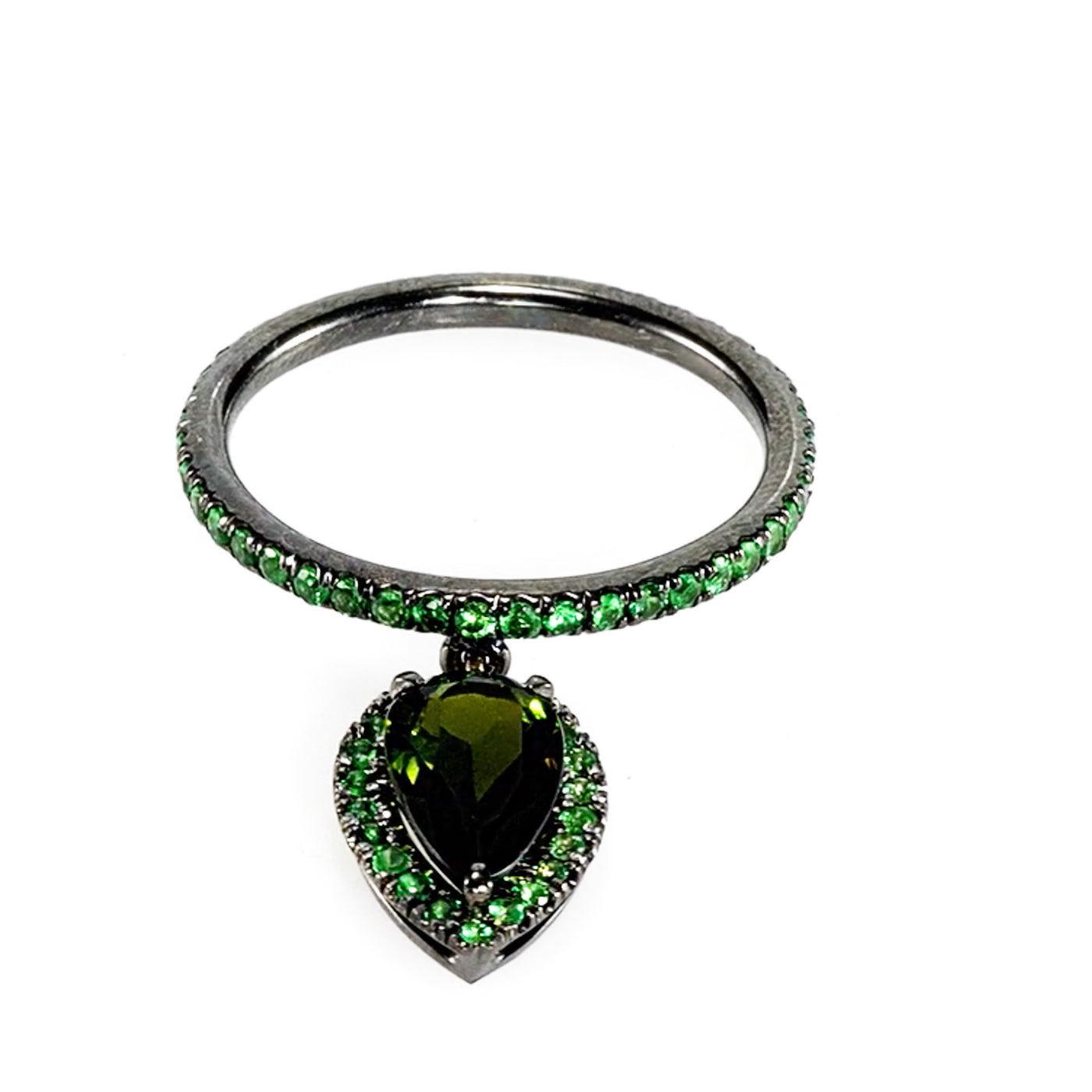 14K White Gold, Paladium, Tourmaline, Tsavorite Garnet, Dangling Charm Ring