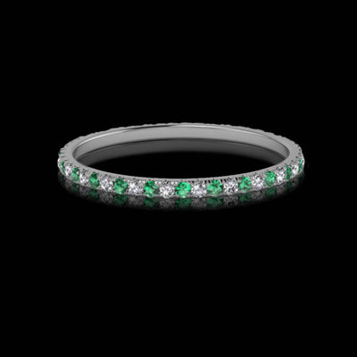 18K White Gold  Brilliant Round Natural Diamond &  Green Tsavorite Garnets Eternity wedding Band Ring