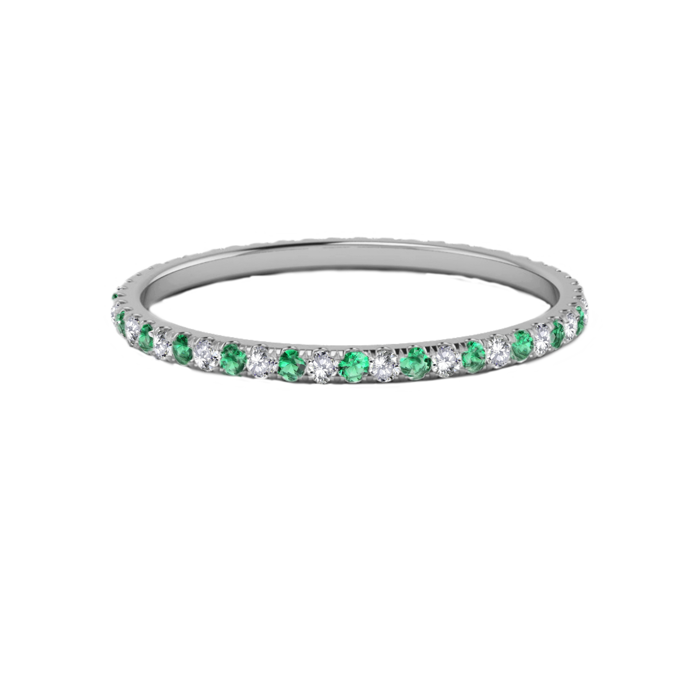 18K White Gold  Brilliant Round Natural Diamond &  Green Tsavorite Garnets Eternity wedding Band Ring