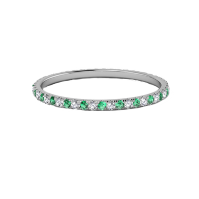 18K White Gold  Brilliant Round Natural Diamond &  Green Tsavorite Garnets Eternity wedding Band Ring