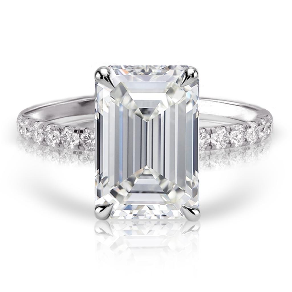 14k White Gold Emerald Cut Diamond Hidden Halo Engagement Ring