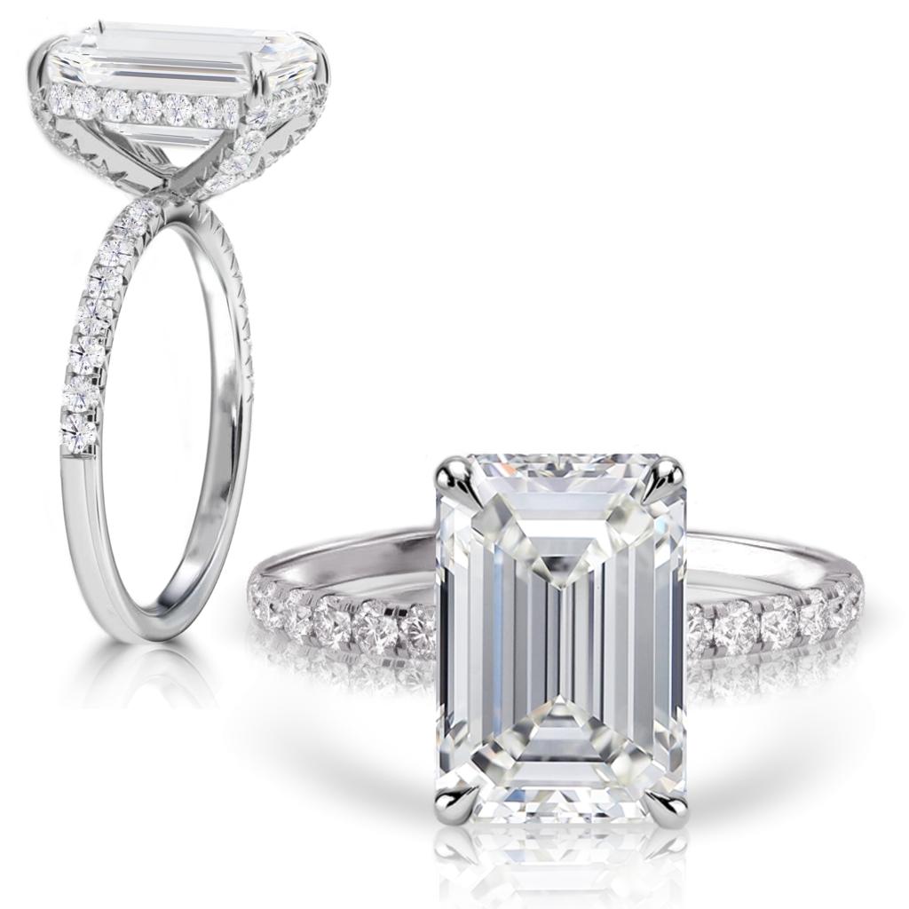 14k White Gold,Emerald Cut Diamond,Hidden Halo Engagement Ring