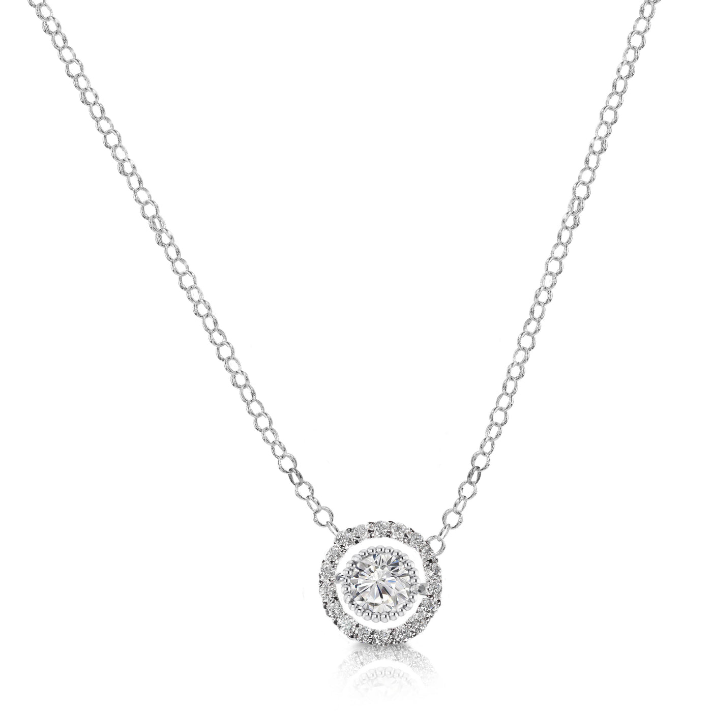 14K White Gold Round Brilliant Natural Diamond Milgrain Halo Pendant Necklace