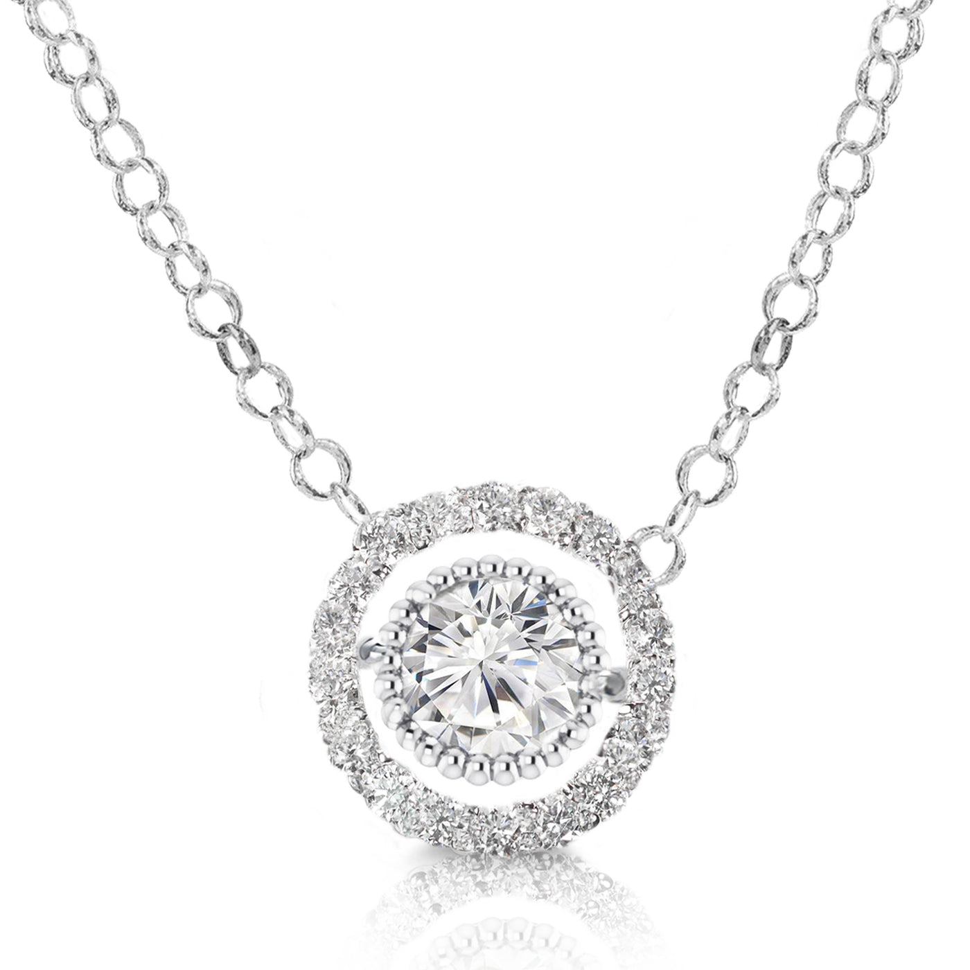 14K White Gold Round Brilliant Natural Diamond Milgrain Halo Pendant Necklace