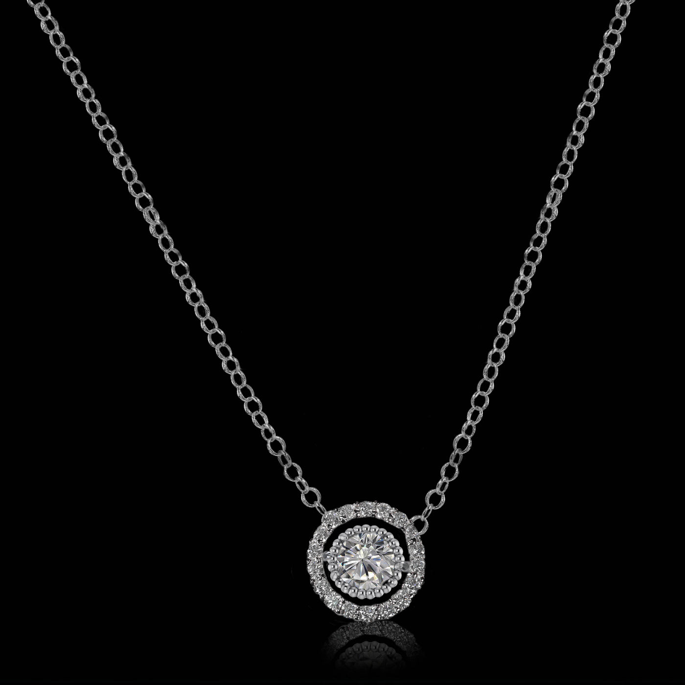 14K White Gold Round Brilliant Natural Diamond Milgrain Halo Pendant Necklace