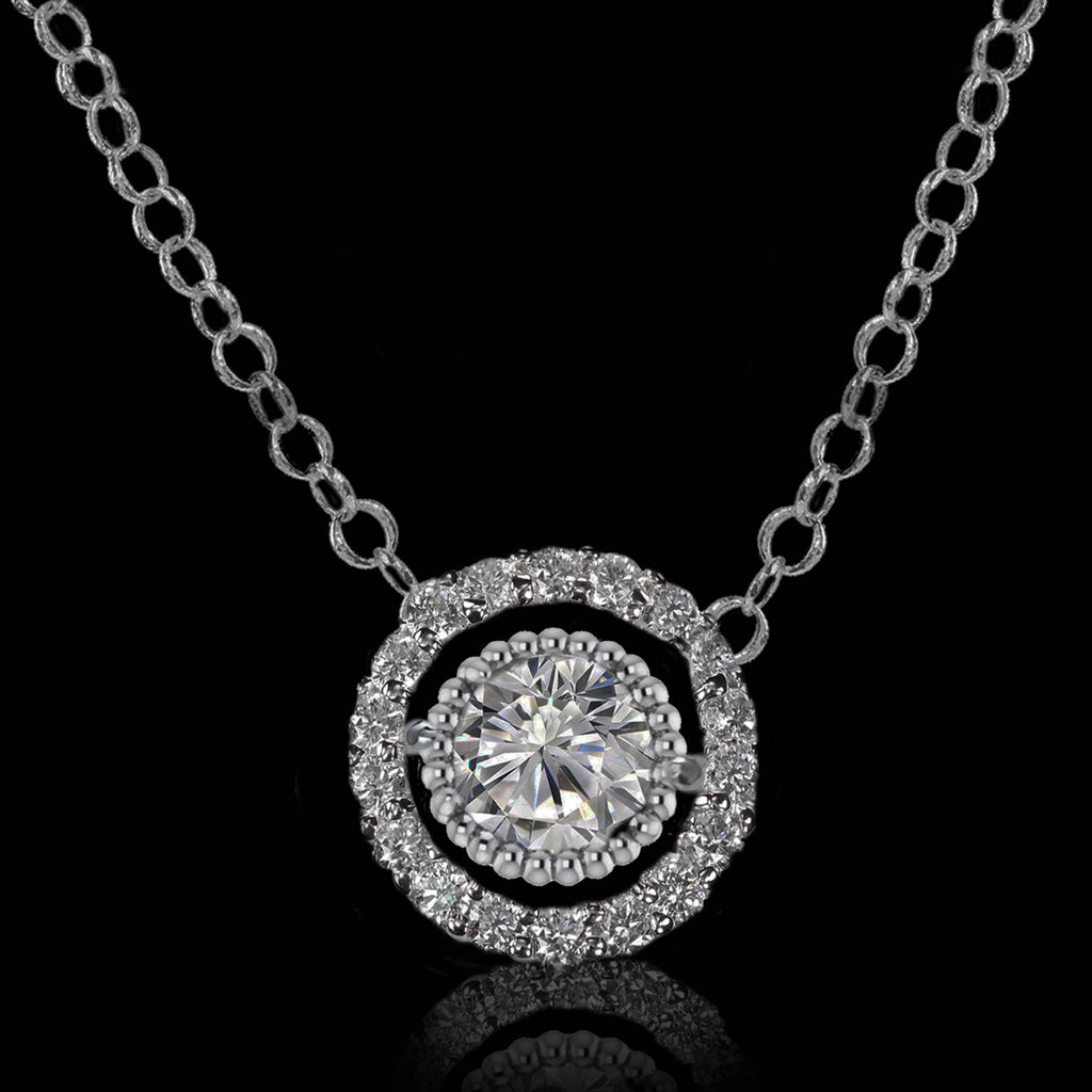 14K White Gold Round Brilliant Natural Diamond Milgrain Halo Pendant Necklace