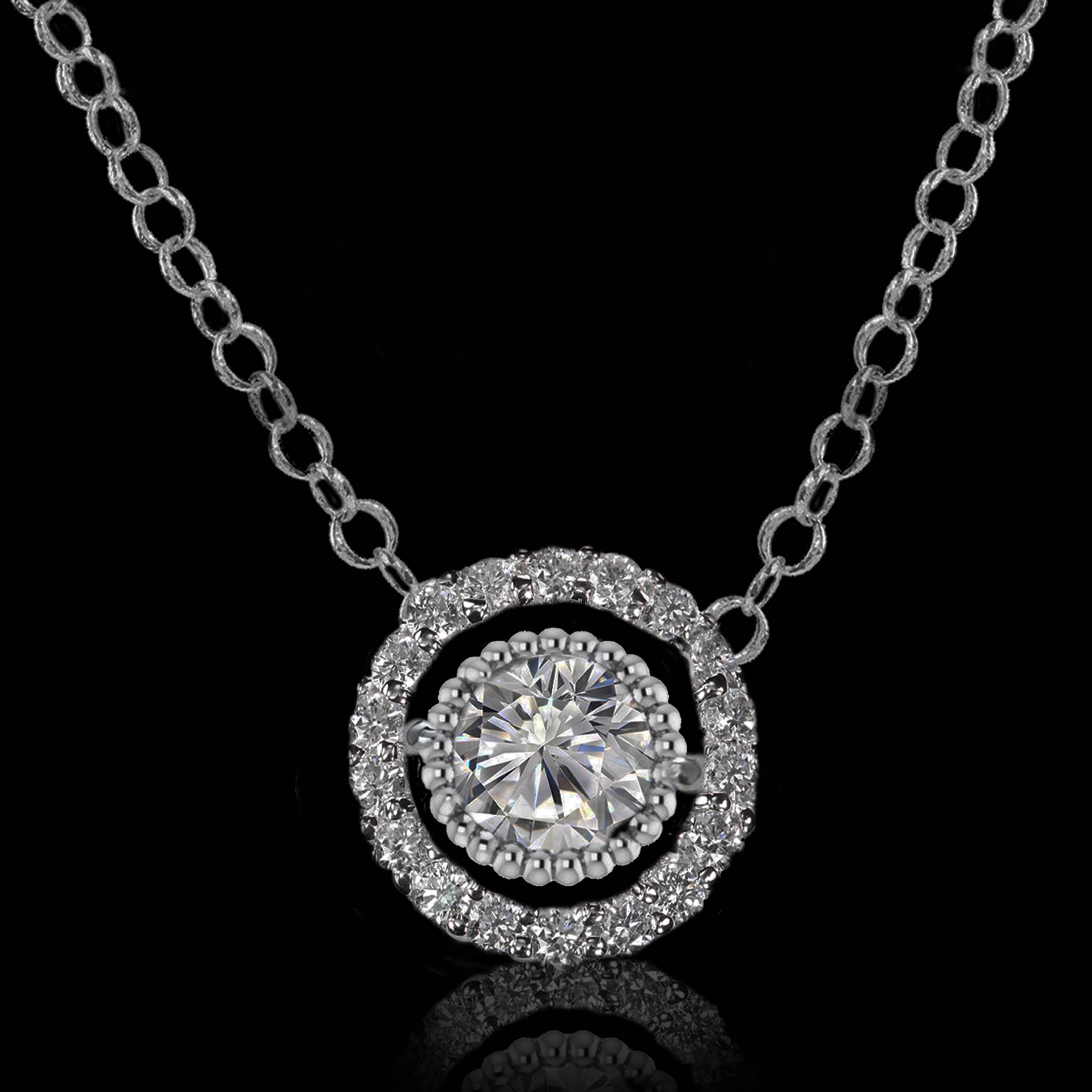 14K White Gold Round Brilliant Natural Diamond Milgrain Halo Pendant Necklace