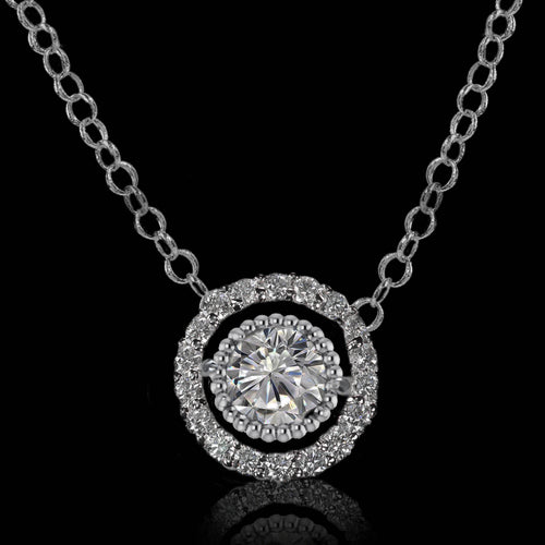 14K White Gold Round Brilliant Natural Diamond Milgrain Halo Pendant Necklace