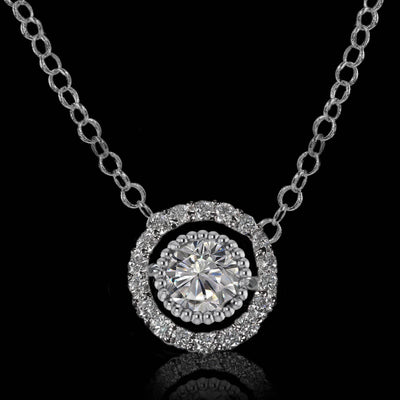 14K White Gold Round Brilliant Natural Diamond Milgrain Halo Pendant Necklace