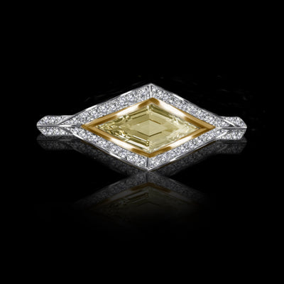 18k White & Yellow Gold East West Fancy Yellow Virtue Cut Natural Diamonds  Ring