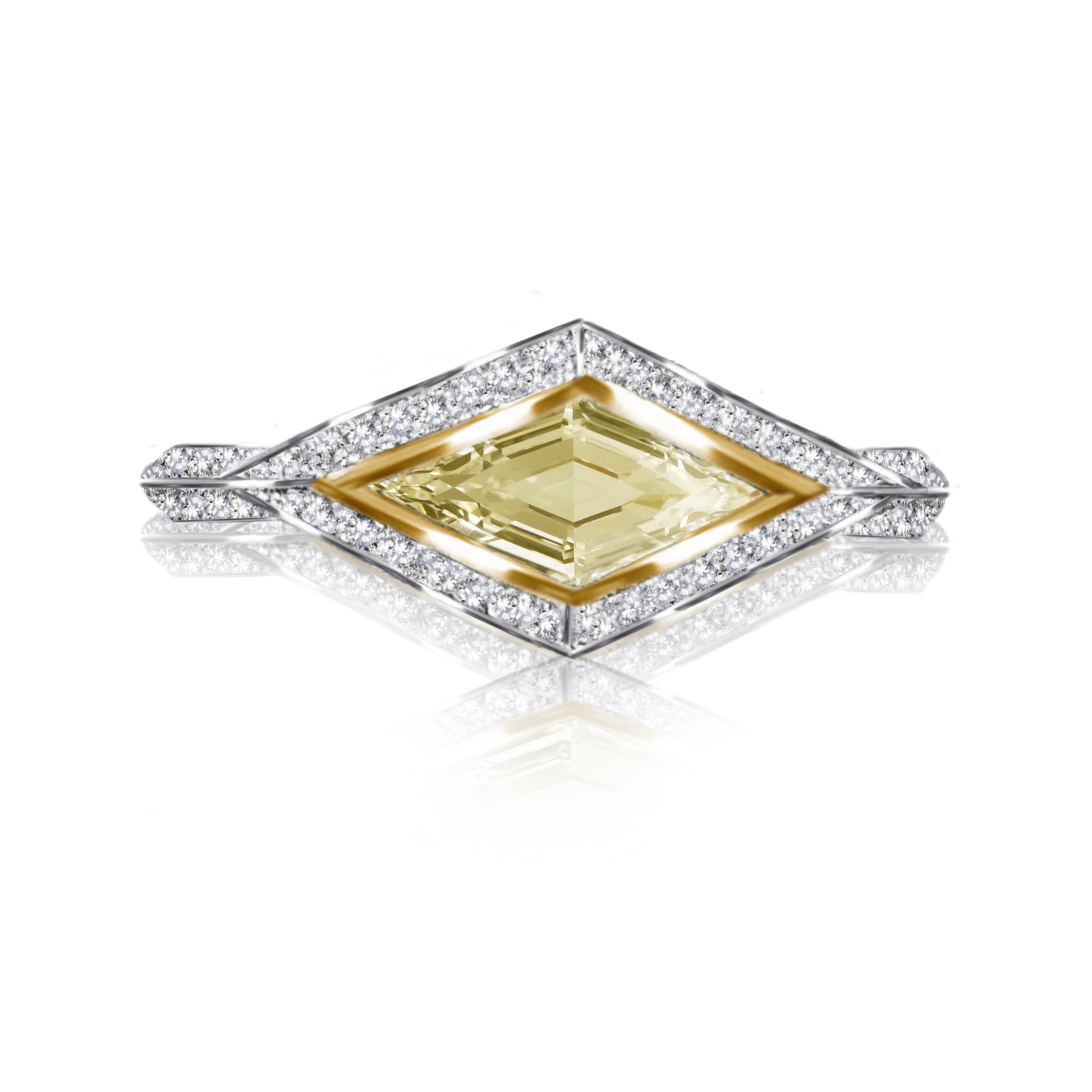 18k White & Yellow Gold East West Fancy Yellow Virtue Cut Natural Diamonds  Ring