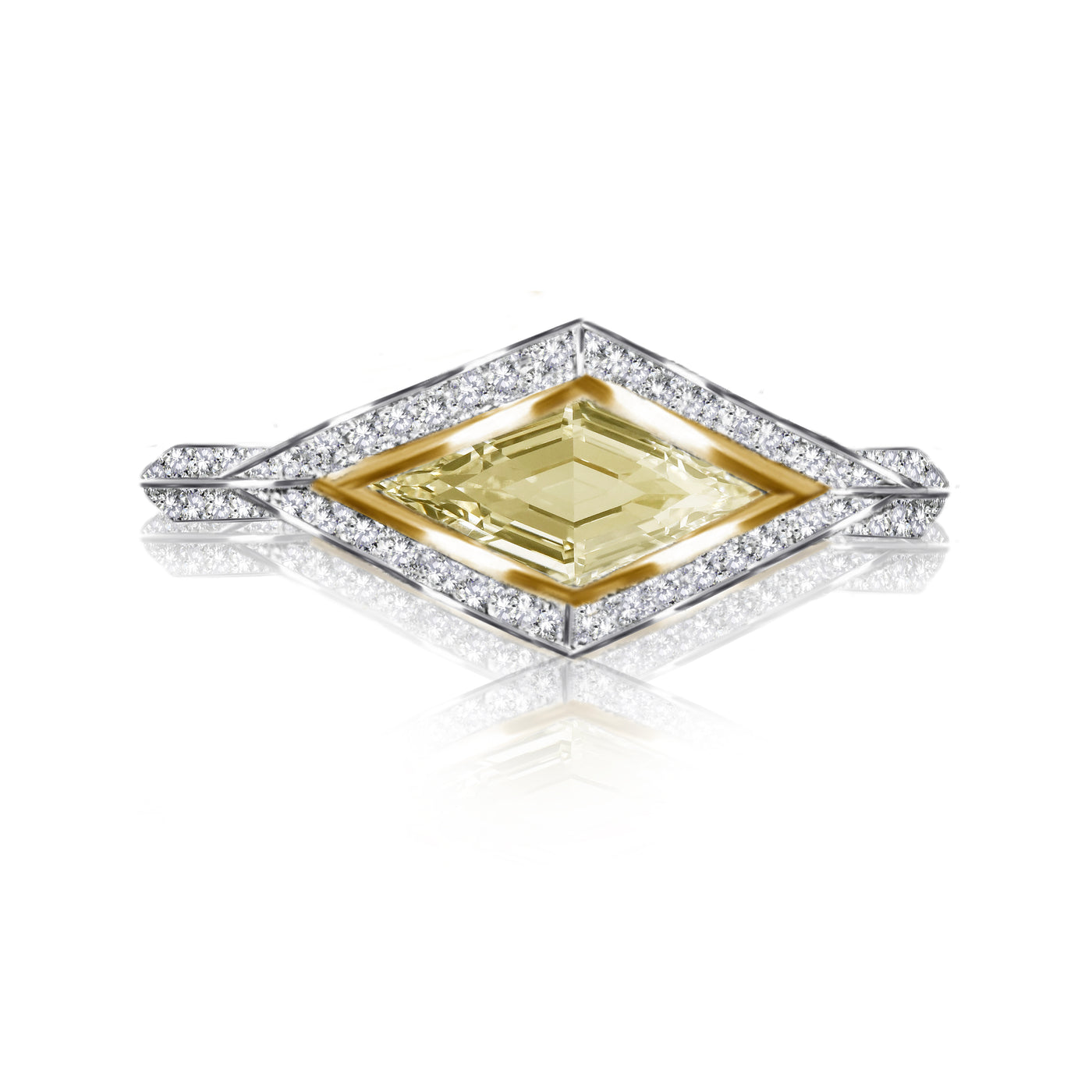 18k White & Yellow Gold East West Fancy Yellow Virtue Cut Natural Diamonds  Ring